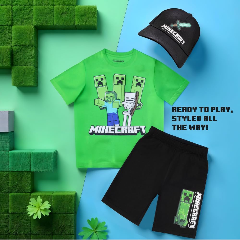 Minecraft Boys 3-Piece Set - Short Sleeve Graphic T-Shirt, Shorts, and Baseball Cap Outfit for Kids - Image 6