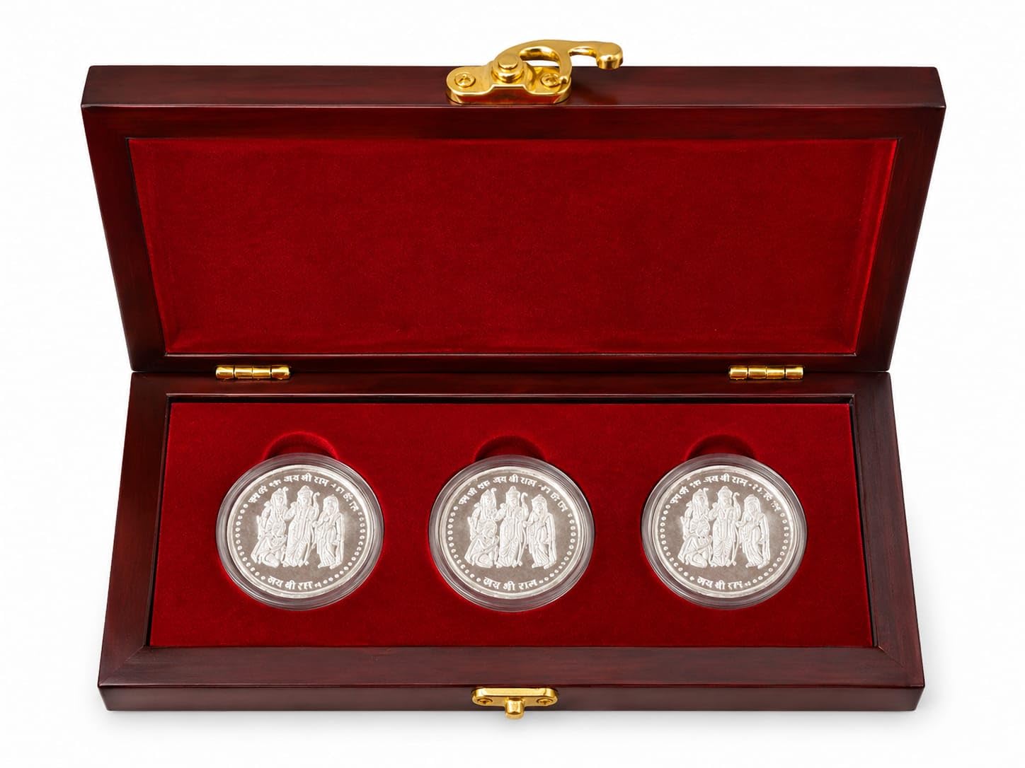 Ram Darbar German Silver Coin Set of 3 | 10g Religious Gift Coins with Wooden Storage Box & Protective Capsules | Decorative Pooja Gift for Diwali, Wedding, Housewarming & Festive Occasions-image-28