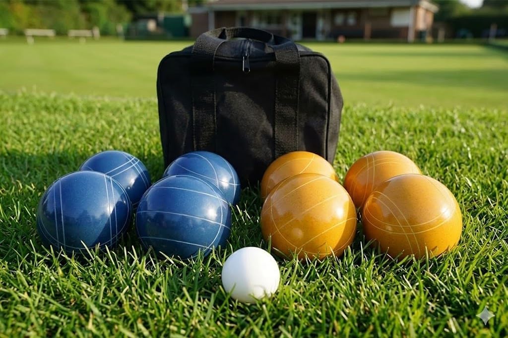 BuyBocceBalls Listing - Made in USA, Premium Quality Tournament Bocce Set - 110mm Blue and Gold Balls, Nylon Black Bag, 998 Grams (2 lbs. 3.2 oz.). Various Bag Colors
