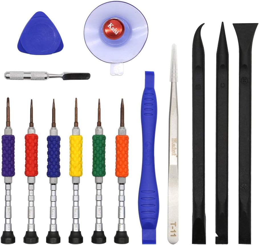 Kaisi Repair Tool Kit for iPhone 7, 6S, 6, 5S, 5C, 5, 4, Macbook air, Precision Magnetic Screwdriver Set, Fine Tip Tweezers LCD Suction Cup Plastic Pry Spudger - Parts Replacement Kit (14 in Tool Kit)