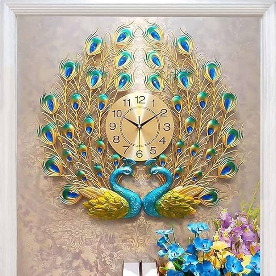 Niyam Wall Clock Art Large Peacock Wall Clock Peacock Diamond Silent Non-Ticking Arabic Numeral Clock Silver Gold Large Kitchen Wall Clocks for Living...