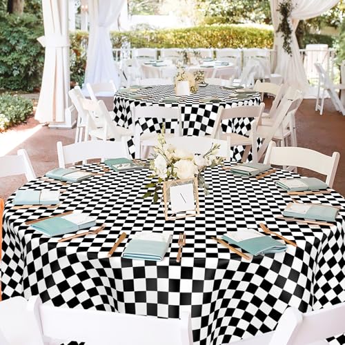 Image of Mulbozy 2 Pcs Checkered Round Plastic Tablecloth, 84 inches Disposable