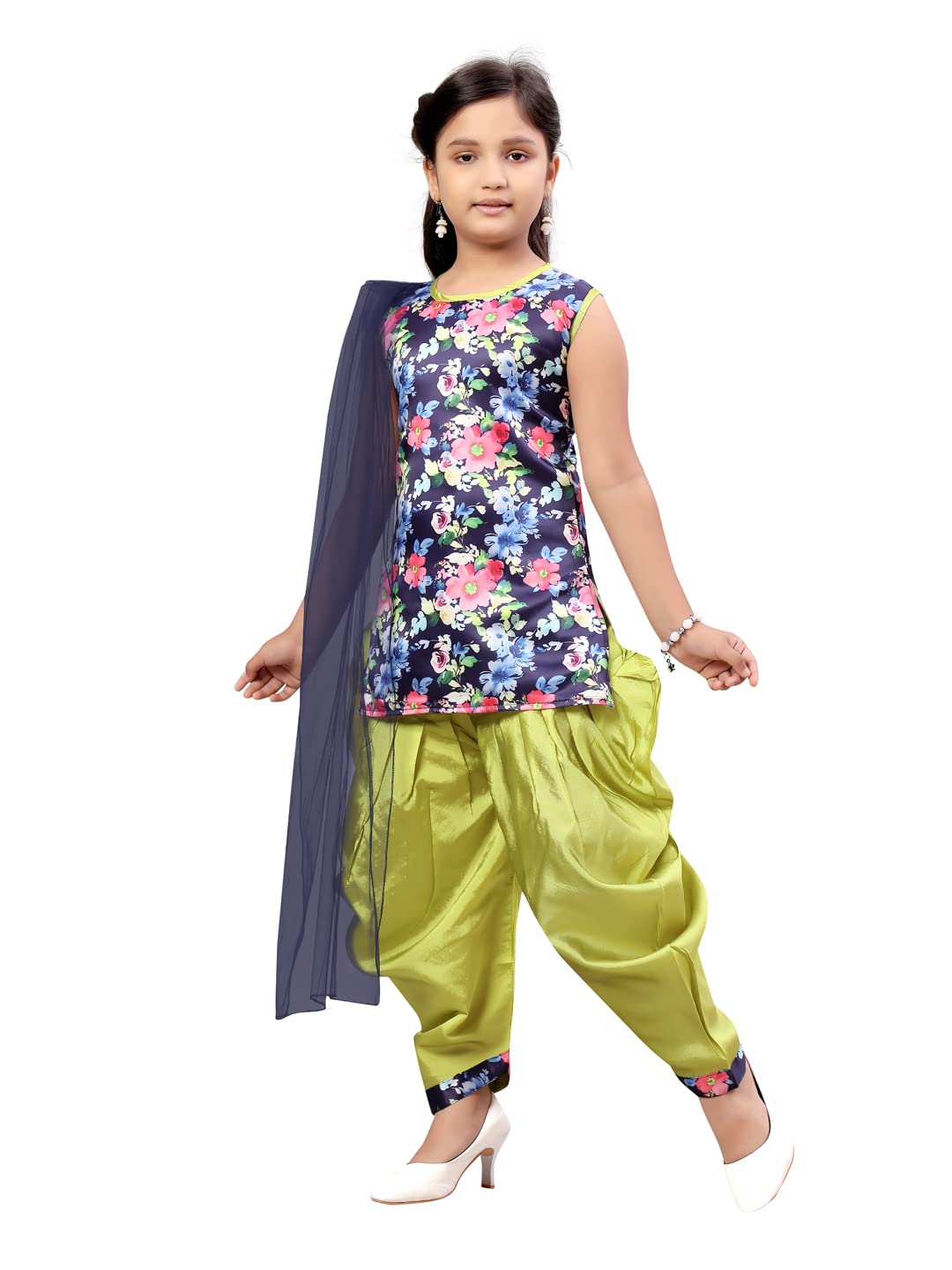 Aarika Girl's Silk Kurti Patiala Set (Pt-22153_Navy Blue-Green_32)