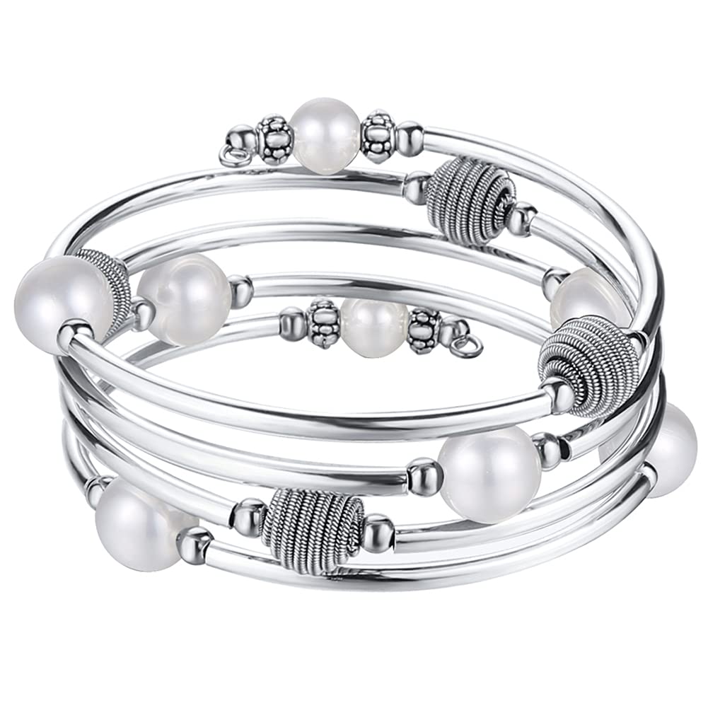 PEARL&CLUB Beaded Chakra Bangle Turquoise Bracelet - Fashion Jewelry Wrap Bracelet with Thick Silver Metal and Mala Beads, Birthday Gifts For Women