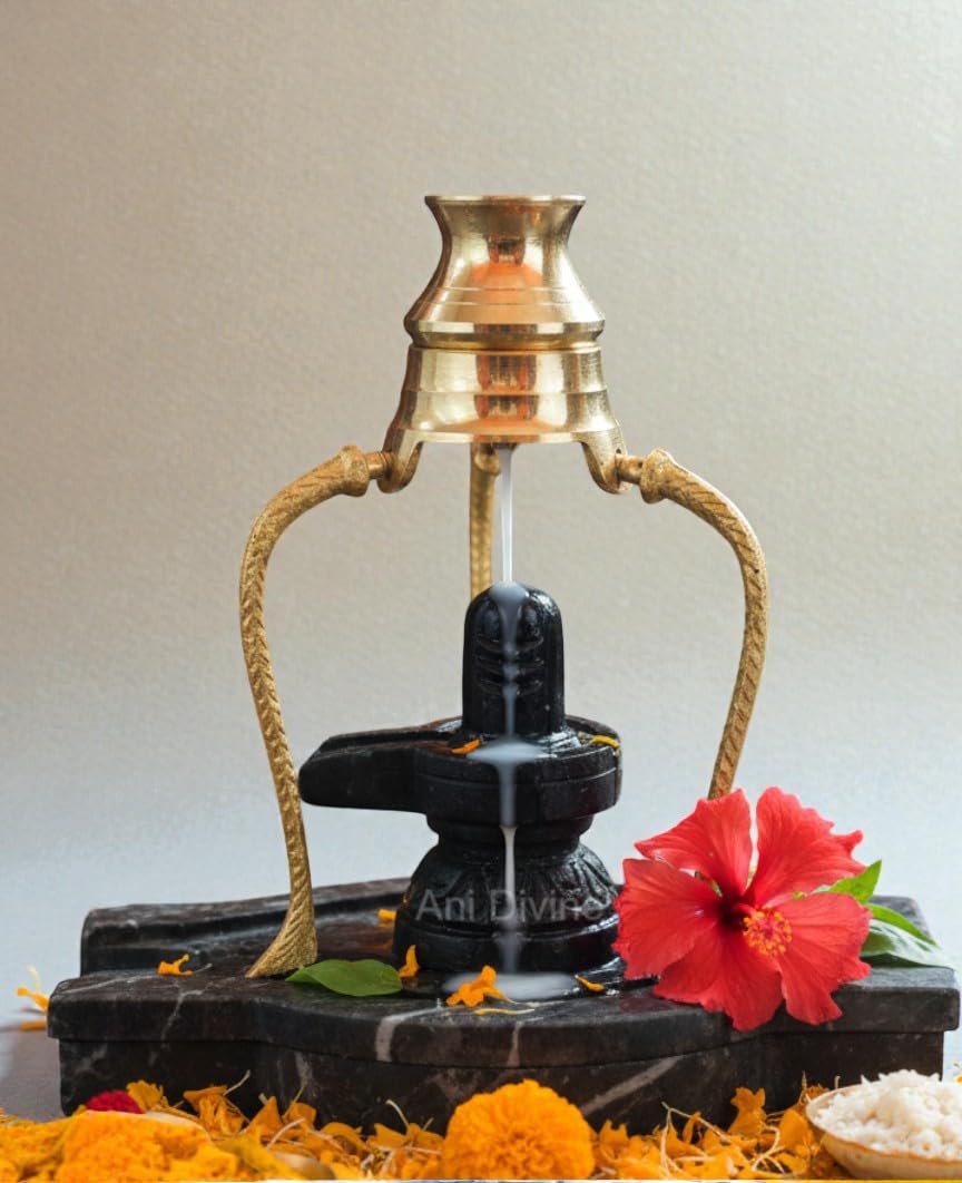 Pure Black Marble Shivlingam with Brass Kalash Lota Tripayi Stand for Home Temple, Saawan Puja, Religious Rituals-image-41