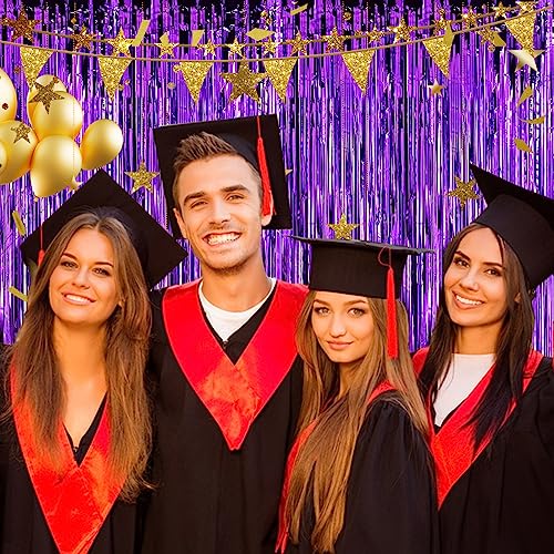 Image of 2 Pack 3.28 ft x 6.56 ft Purple Tinsel Curtain Party Backdrop - Metallic Foil Tinsel Fringe Backdrop Door Fringe for Birthday Graduation Wedding Party Photo Backdrop.