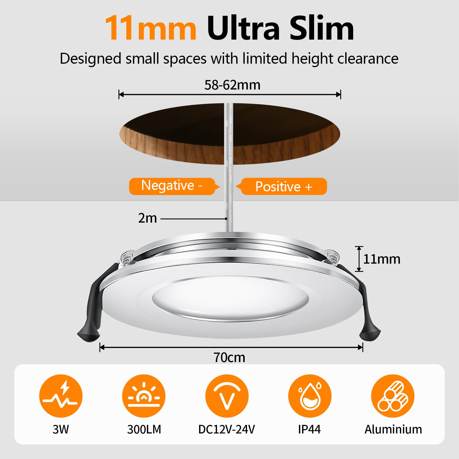 GeyouLux Set di 6 Faretti LED Soffitto 12V-24V DC, IP44 3000K Bianco caldo, 3W 300LM Faretti LED da Incasso per cartongesso, Foro 58-62mm Alluminio Faretti da incasso Cromo, Non dimmerabile
