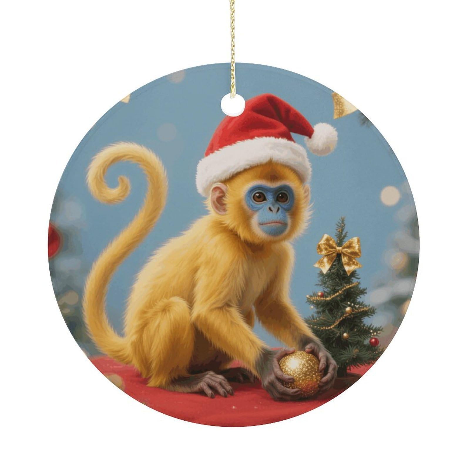 Personalized Christmas Ornaments 2025 Ceramic Hanging Christmas Monkey Ornaments with Gold String Double-Sided Vintage Holiday Decorations for Tree Mantel Tabletop Xmas Party Favors