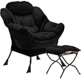 Lazy Chair with Folding Ottoman, Accent Chair Velvet Upholstered with Metal Structure and Non-Slip Pads, Sofa Armchair with Footrest and Side Storage Bag for Dorm, Room, Office, Black