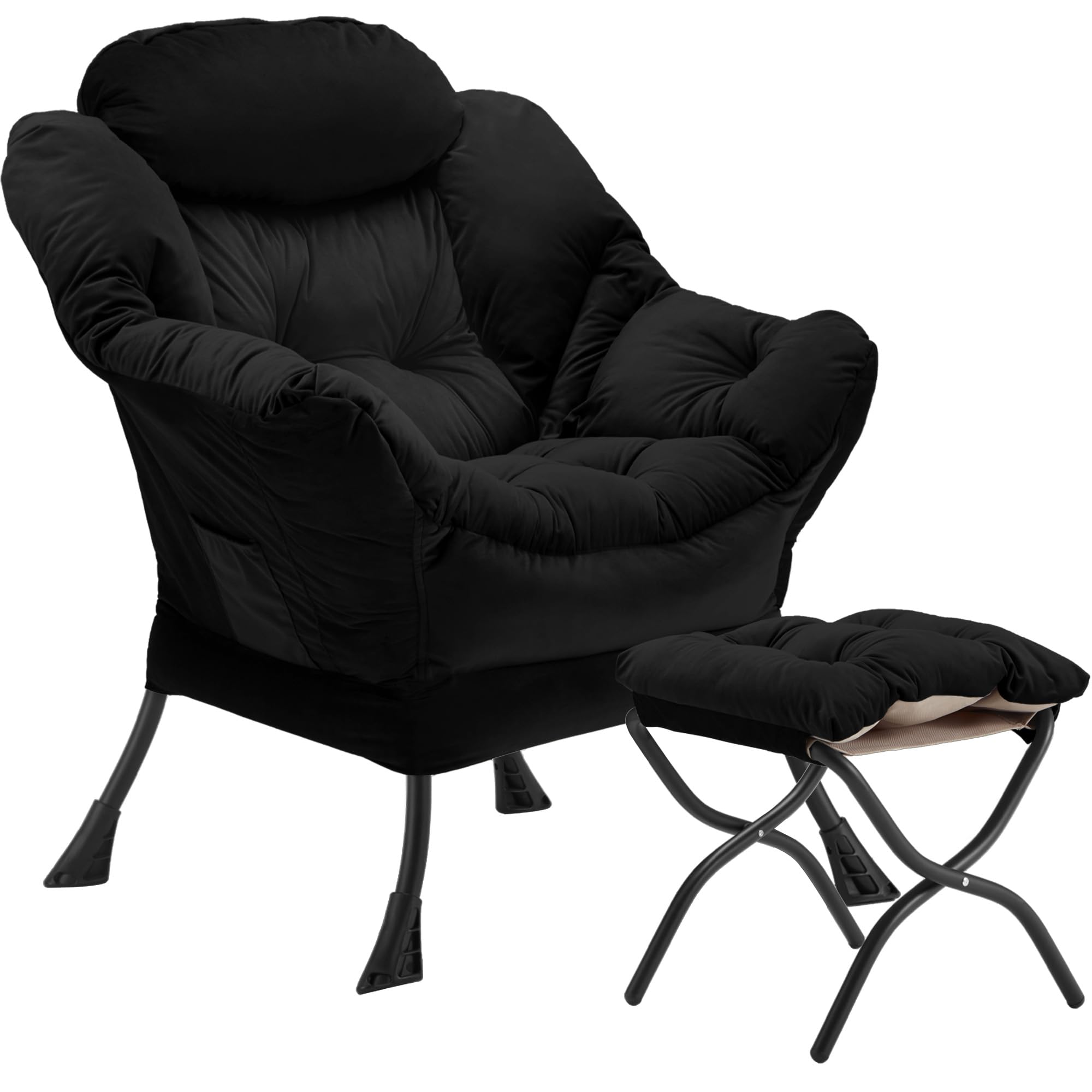 Youtanic Lazy Chair with Folding Ottoman, Accent Chair Velvet Upholstered with Metal Structure and Non-Slip Pads, Sofa Armchair with Footrest and Side Storage Bag for Dorm, Room, Office, Black