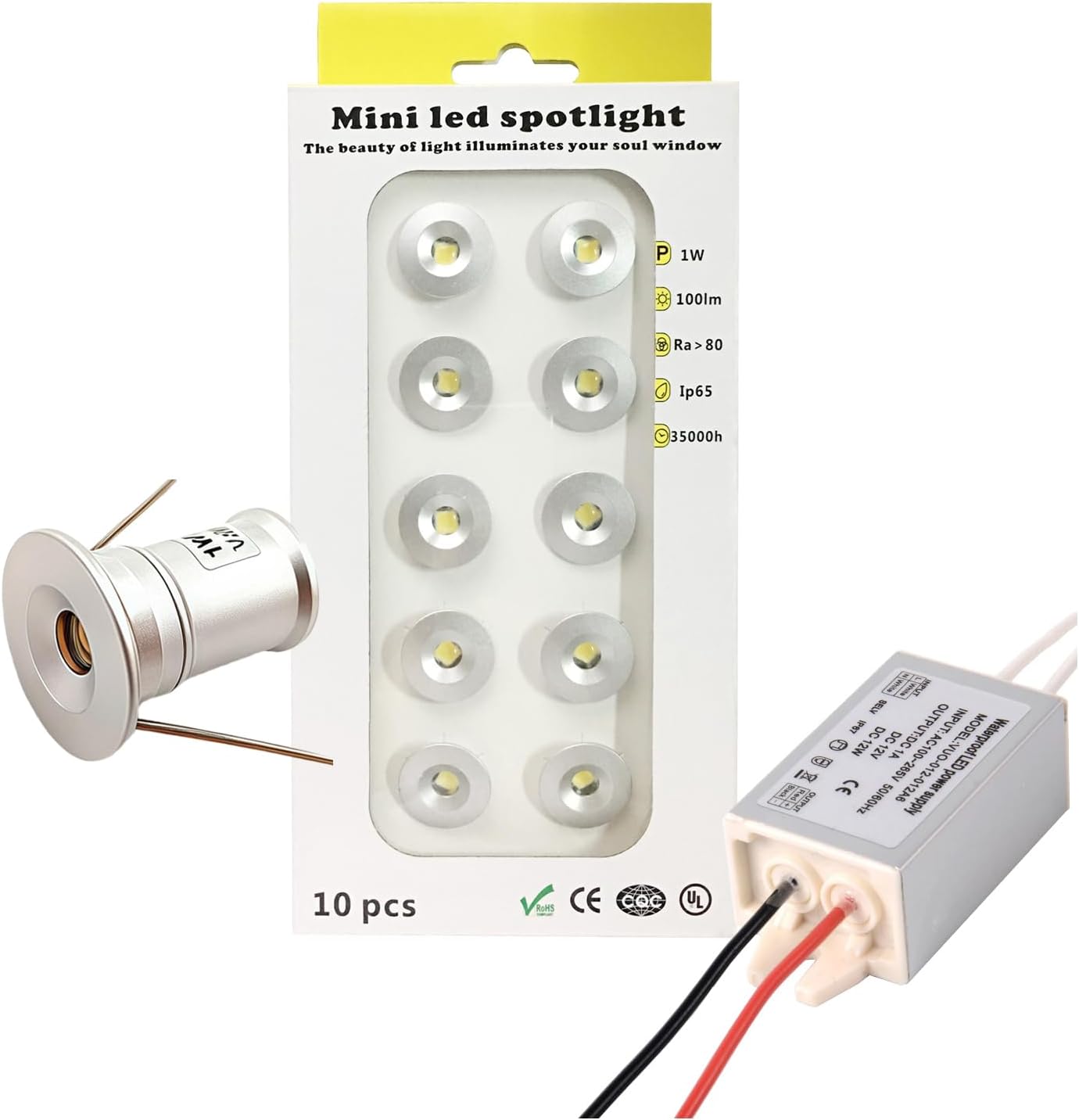 12V Waterproof IP65 Mini Under Cabinet LED Lights Hole 15mm 10 Packs of Recessed Downlights Indoor with Hard Wired Cable and Connectors for Stair Step Furniture Showcase Lighting (Day White 6000K)