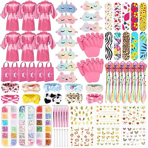 Suhine 6 Sets Girls Spa Birthady Party Supplies Birthday Print Satin Robe Tote Bags Spa Kit Nail Salon Kit(Pink)