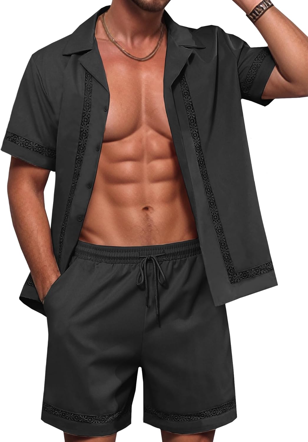 Mens 2 Pieces Linen Set Short Sleeve Shirt and Shorts Resort Wear Summer Vacation Beach Yoga Matching Outfits