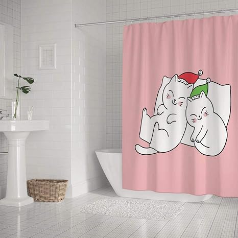 Amazon Zhongji シャワーカーテン バスルーム お風呂 防水 防カビ フック付き 丈夫 仕切りカーテン 眠っているかわいいクリスマスカップル猫 シャワーカーテン ホーム キッチン オンライン通販