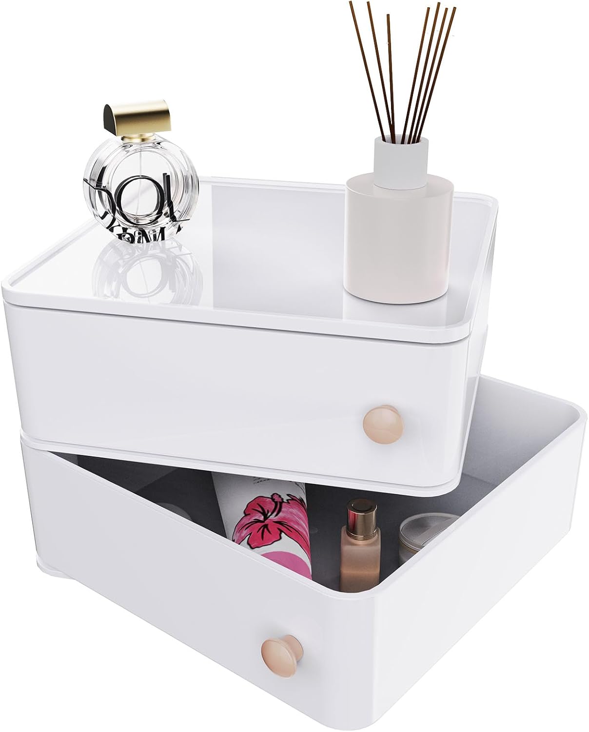 Makeup Organizer with Rotating Drawers: Stackable Makeup Bathroom Vanity Storage Box, Desk and Dresser Countertop Organizers and Storage Boxes for Cosmetics, Skincare, Jewelry, Bracelets, White