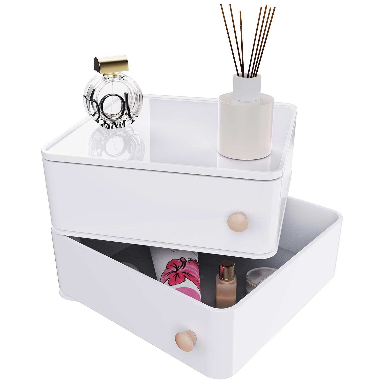 Makeup Organizer with Rotating Drawers: Stackable Makeup Bathroom Vanity Storage Box, Desk and Dresser Countertop Organizers and Storage Boxes for Cosmetics, Skincare, Jewelry, Bracelets, White