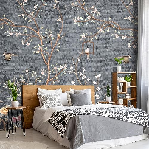 Wxhfm - Grey Retro Floral Wallpeper Living Room Bedroom Chinese Style Flower Bird Wall Mural - 137"X96"（Not Peel And Stick） #TOP8