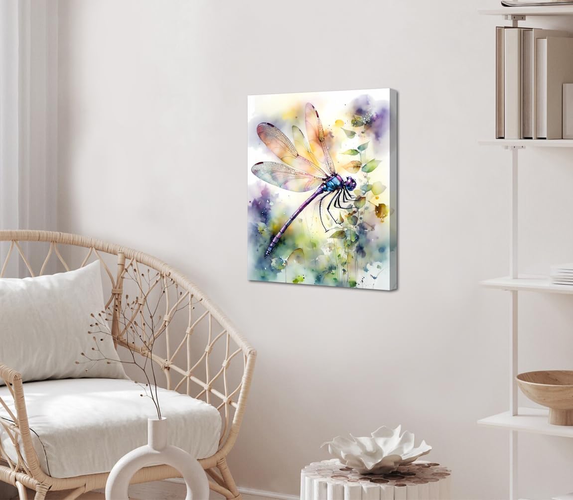 Framed Dragonfly Canvas Wall Art,Colorful Dragonfly Nursery Pictures Wall Decor,Botanical Watercolor Painting Print Artwork Insect Poster,for Bathroom Living Room Home Decor 12''x16''inch