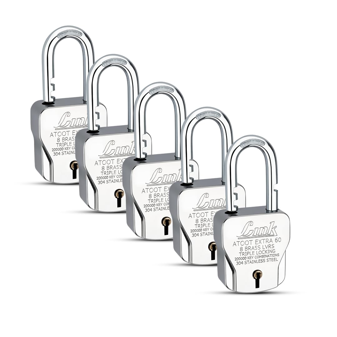 Link® Atoot Extra 60mm Padlocks 5Pcs Set | 200000 Key Combinations | 304 Stainless Steel Body | Hardened Shackle | Made in India | 3 Silver Keys with Keychain | 3Keys for Each Padlock