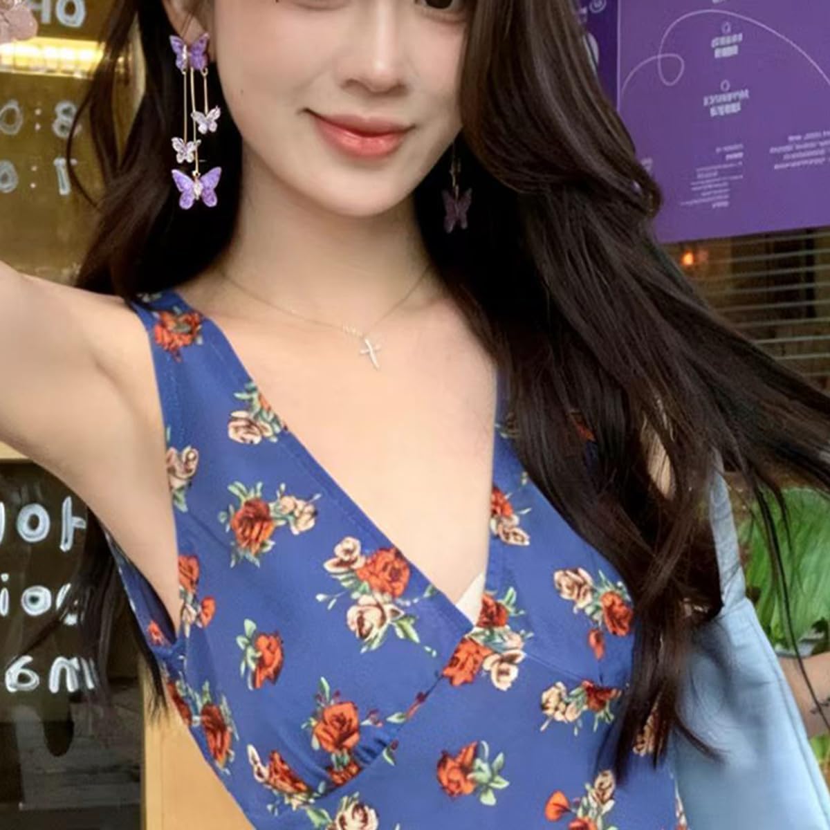 Rhinestone Butterfly Tassel Earrings for Women 3D Animal Drop Dangle Earrings Crystal Long Purple Butterfly Earrings - Image 6