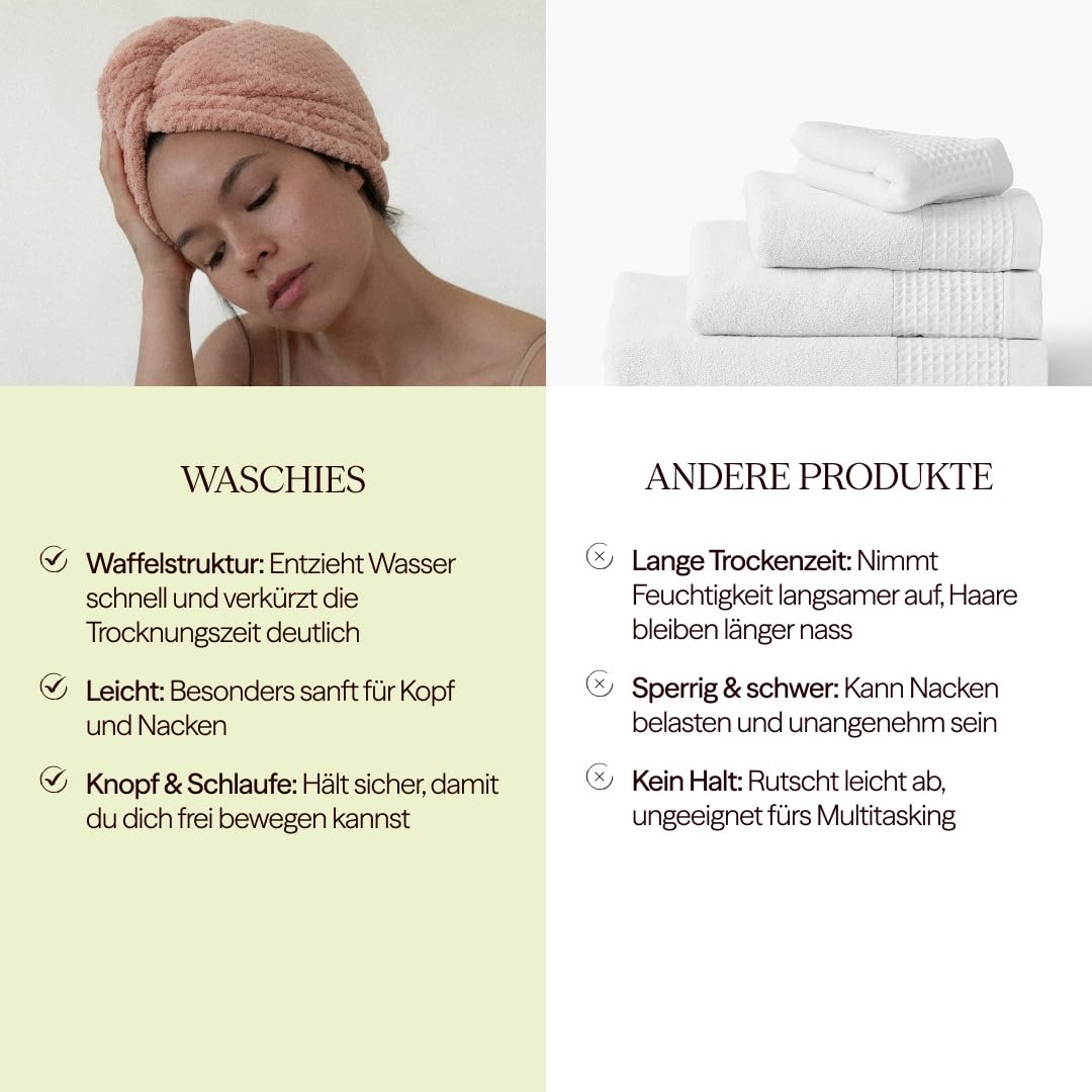 waschies Mikrofaser Haarhandtuch/Haarturban mit praktischem Fixierknopf – 2er Set Pink/Rosa – für schnelle Haartrocknung – sanft, leicht & saugfähig – geeignet für alle Haartypen