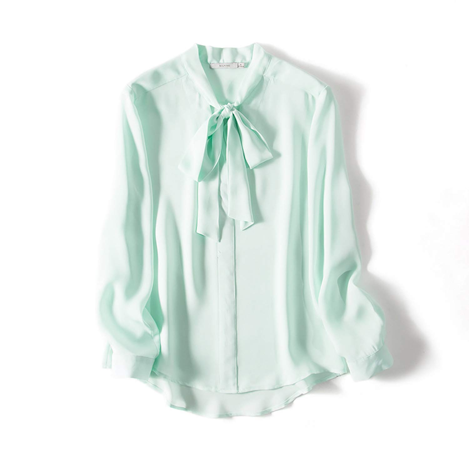 Camicia di Seta Verde Chiaro, Delicato Papillon da Donna con Top A Maniche Lunghe, Blusa Casual