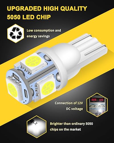 Miniatura 5 de Qoope - Paquete de 20 bombillas LED de 194 bombillas LED blancas superbrillantes W5W 168 bombillas LED T10 2825 para interior 5SMD bombillas de