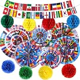 Pasimy 15 Pcs International World Flags Decorations Around The World Hanging Paper Fans Country Flags Banner Bunting Paper Pompoms Honeycomb Ball for Around The Nation Classroom Sport Supplies