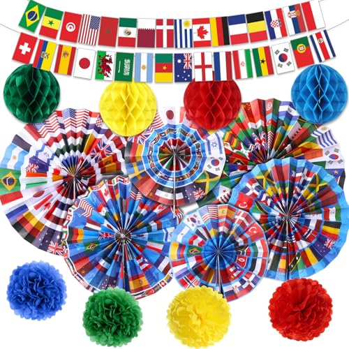 Pasimy 15 Pcs International World Flags Decorations Around The World Hanging Paper Fans Country Flags Banner Bunting Paper Pompoms Honeycomb Ball for Around The Nation Classroom Sport Supplies