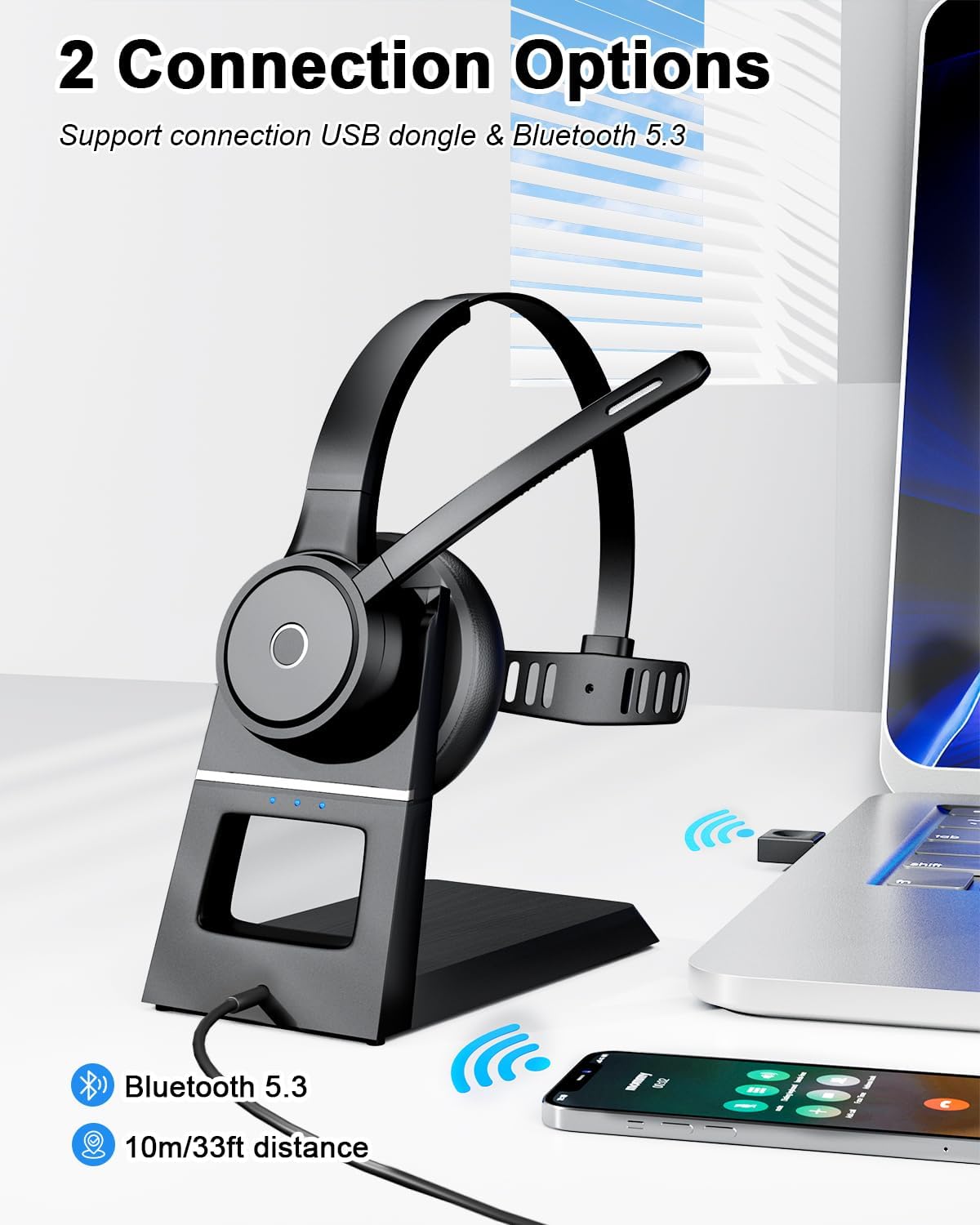 Wireless Headset with Mic for Work, V5.3 Bluetooth Headset with Noise Cancelling Microphone - Charging Base, USB Dongle, Mute Mic, Stable Connection for Computer PC Office Home Call Center