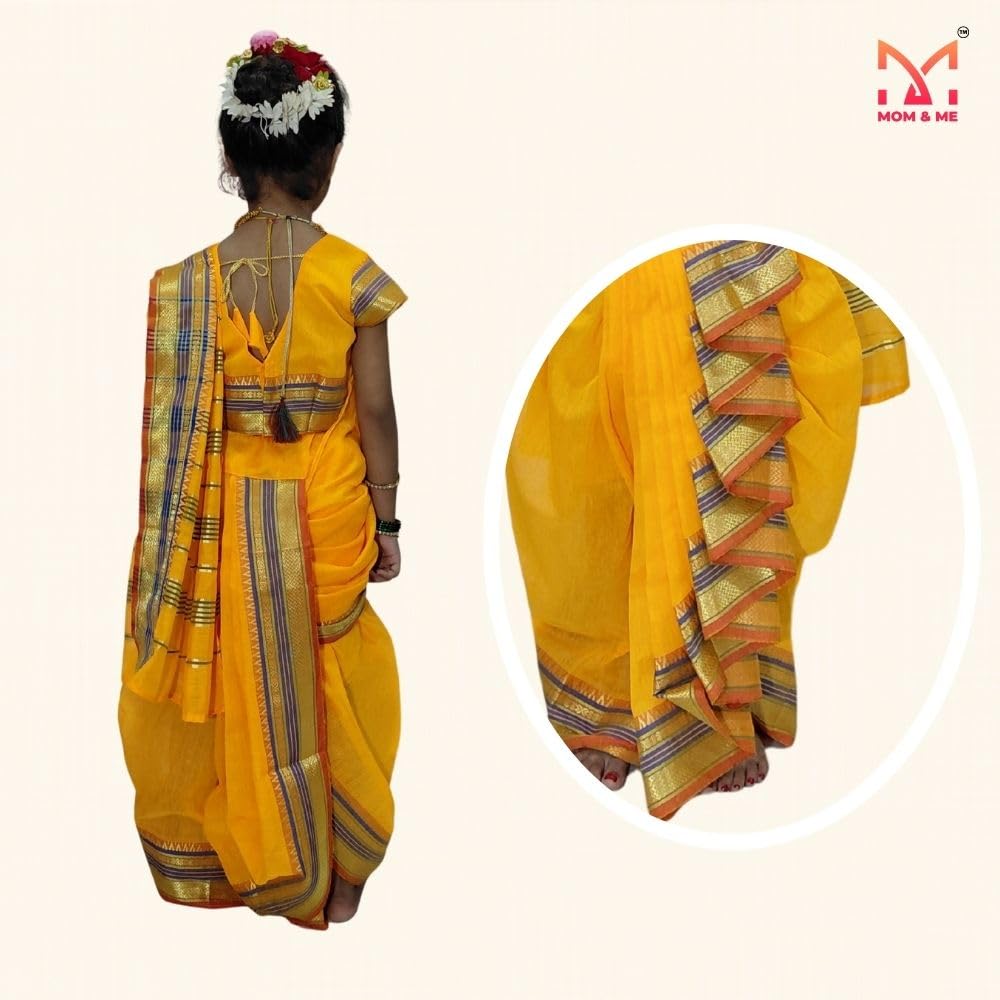 Mom and Me Girls' Ready-to-Wear Mastani Nauwari Saree with Stitched Blouse | Traditional Maharashtrian Ilkal Border | Soft Acrylic Cotton | Age 12 Months to 15 Years (Yellow, 11-12 Years) - Image 5 thumbnail