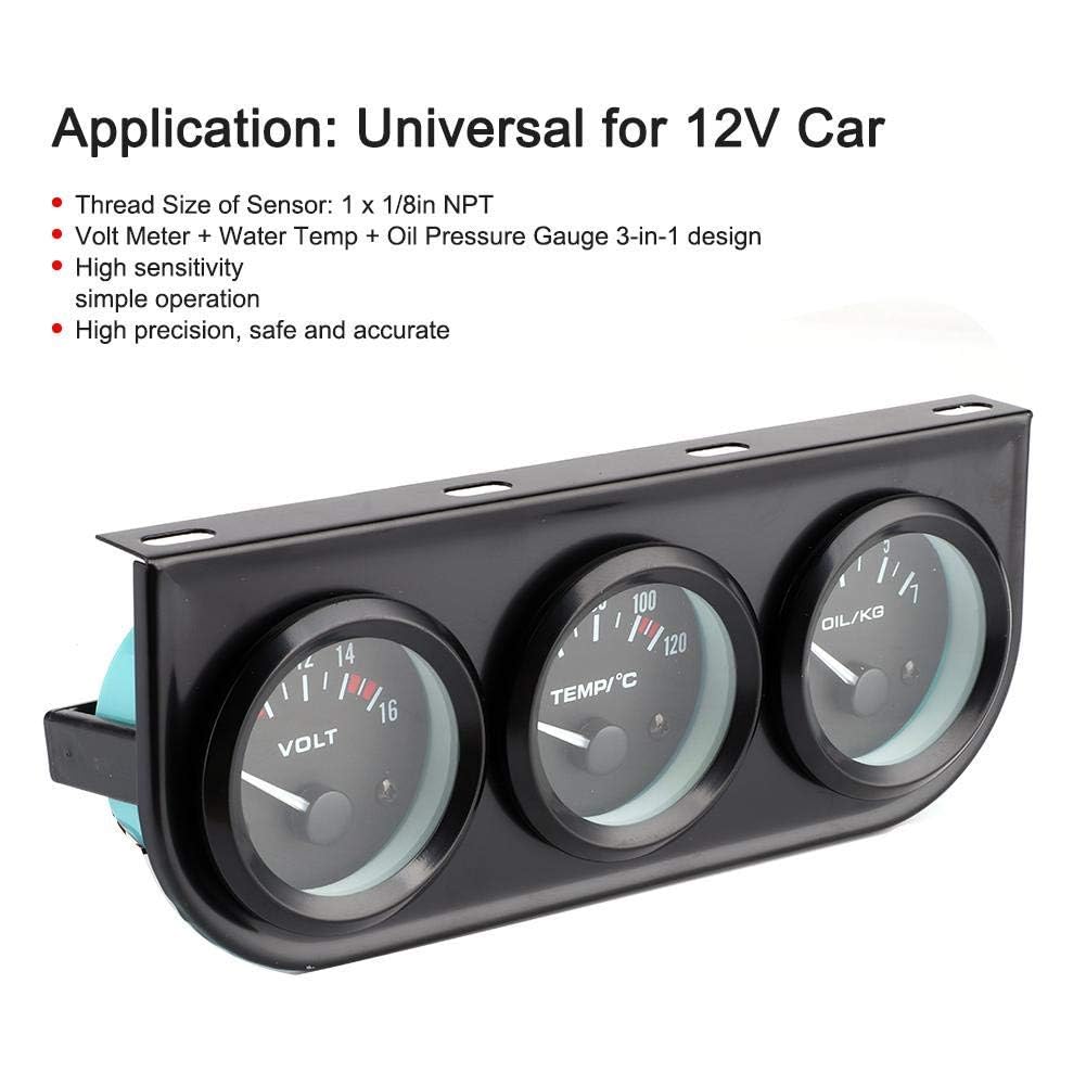 Kit de medidores universales para automóviles 3in1, medidor NPT de 1/8 pulg 52 mm/2 pulg 3-en-1, voltímetro 8-16V + medidor de temperatura del agua 40-120 ℃ + presión de aceite 0-7kg
