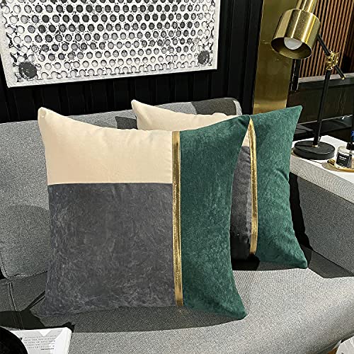 QIYIQI Gray Green White Gold Leather Patchwork Velvet Throw Pillow Covers 18 x 18 Inches Luxury Modern Cushion Cases Decorative Pillows for Couch Living Room Bedroom(Gray+Green+White)