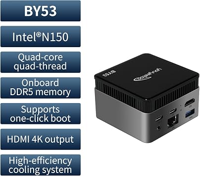 youyeetoo BY53 Windows 11 Mini Pc, Intel N150(up to 3.6GHz),LPDDR5 12GB RAM, M.2 2242 SSD(Up to 1TB), with HDMI2.0 4K Output, WiFi/BT, Supports One-Click Boot (12GB RAM,128GB SSD)