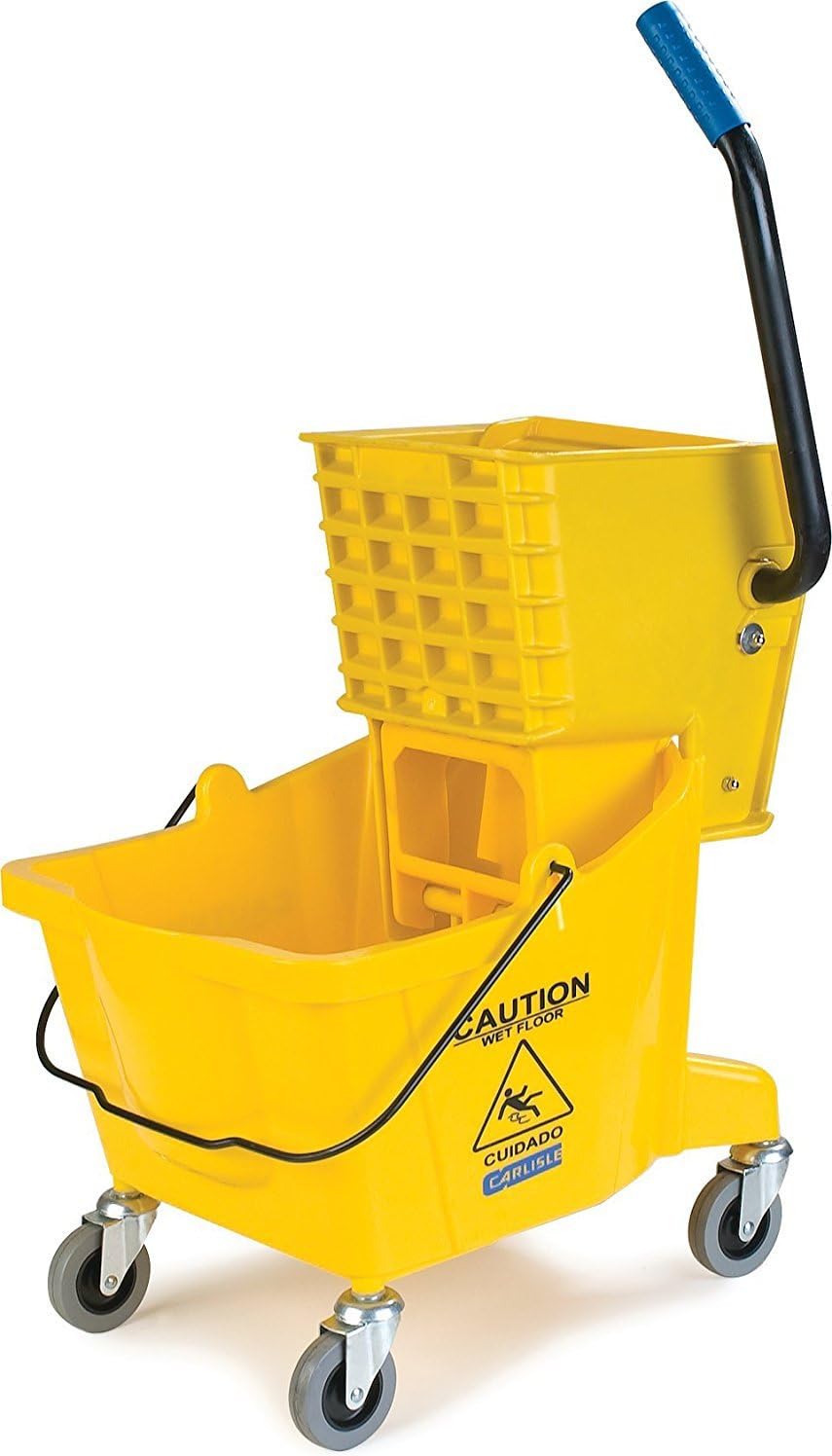 Carlisle FoodService Products 26-Quart Commercial Mop Bucket with Side-Press Wringer, Precision-Molded Polypropylene, Durable Wringer, Bucket with Non-Marking Casters, 18.5 x 16.5 x 23 Inches, Yellow