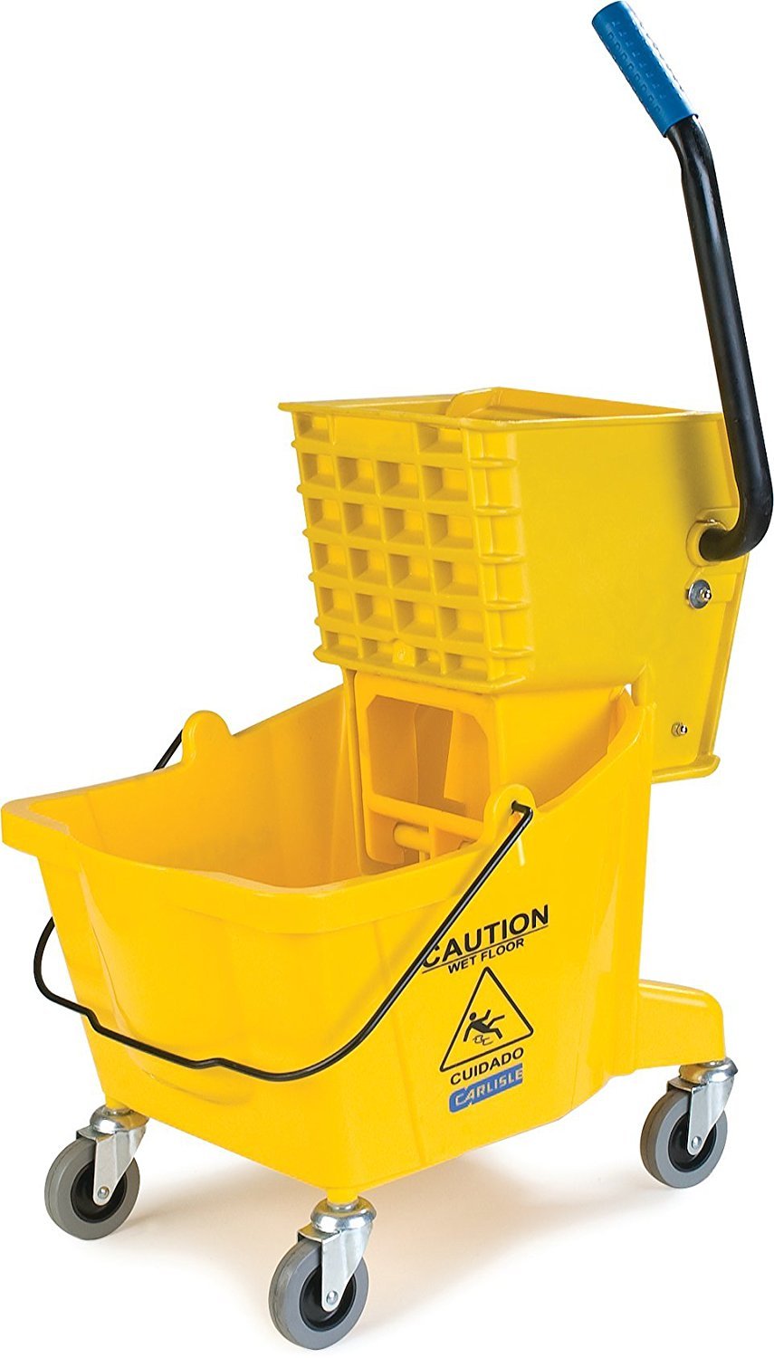 Carlisle FoodService Products 26-Quart Commercial Mop Bucket with Side-Press Wringer, Precision-Molded Polypropylene, Durable Wringer, Bucket with Non-Marking Casters, 18.5 x 16.5 x 23 Inches, Yellow