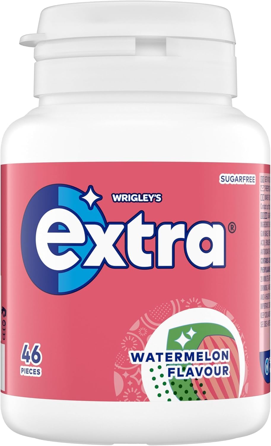 Extra Watermelon Sugar Free Chewing Gum Bottle, 46 Pieces - Fresh Breath Fruit Gum - Travel Essentials, Air Travel Accessories, Road Trip Snacks & Summer Festival Survival Kit