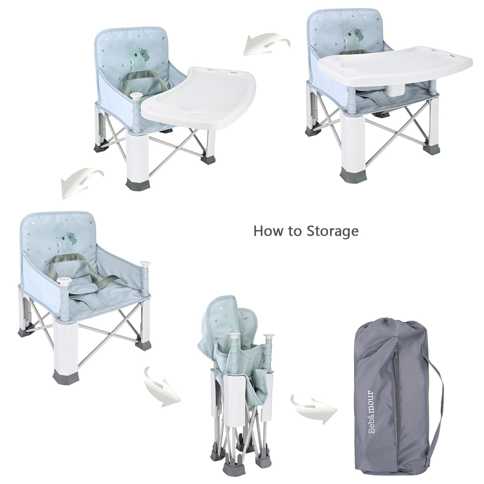 Bebamour Seggiolone portatile per esterni, pieghevole, per bambini, con vassoio rimovibile, con borsa portaoggetti, koala