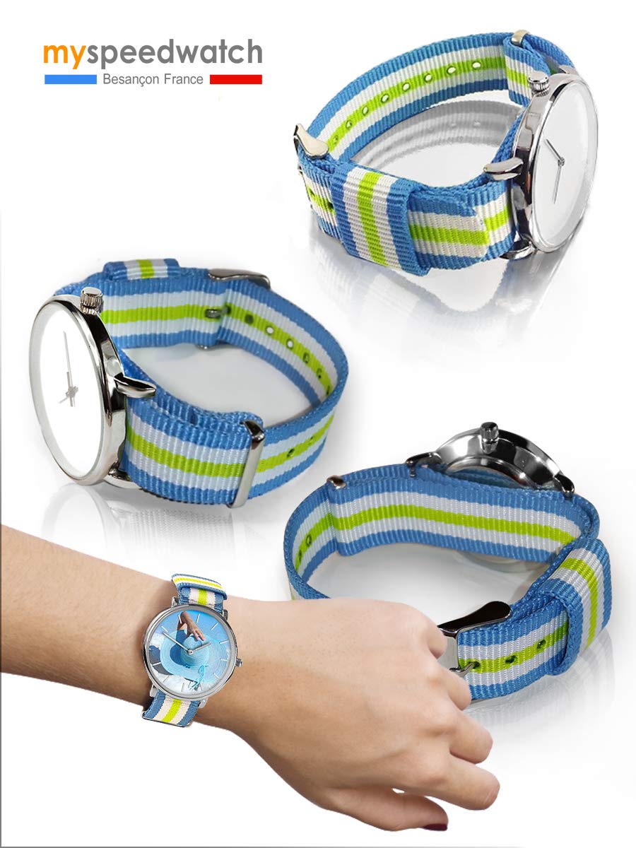 Orologio Personalizzabile con Una Foto, Un Testo. Orologio unisex da uomo o da donna. Regalo personalizzato Bracciale intrecciato NATO a righe, colori alla moda. Regalo per la festa del papà, Modello