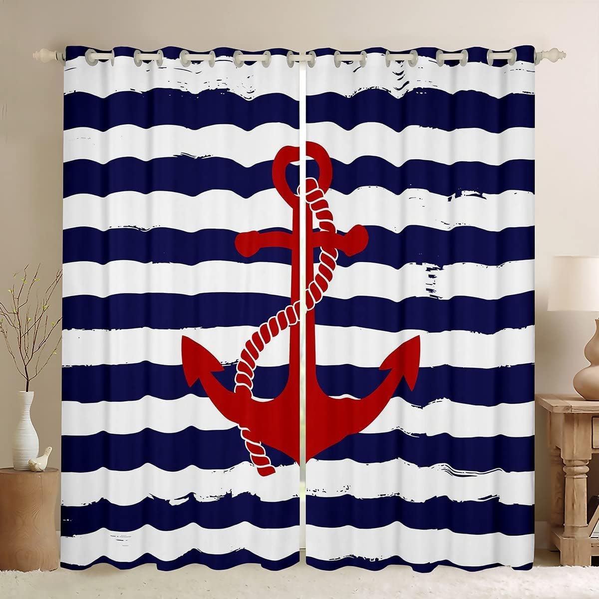 feelingyou Kids Nautical Anchor Curtains for Windows,Navy Blue Stripes Ocean Adventure Theme Curtains for Living Room Bedroom,Modern Ultra 100% Blackout Drapes 2 Panel Sets,66x90L โ image 1