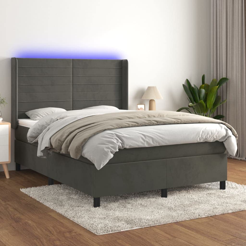 aksamit z regulowanym zagłówkiem kontynentalne Szary 140x190 cm | Łóżko kontynentalne z materacem i LED, szary aksamit 140x190cm, regulowany zagłówek, oświetlenie RGB