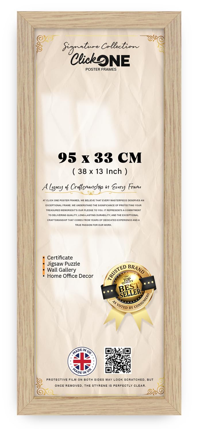 Click One Oak 95 X 33 cm Flat Style MDF Photo Frame With Clear Perspex Front For Posters Photos And Prints Suitable For Living Room Home Décor 38 X 13 Inch Wall Display Frame With Wall Hooks