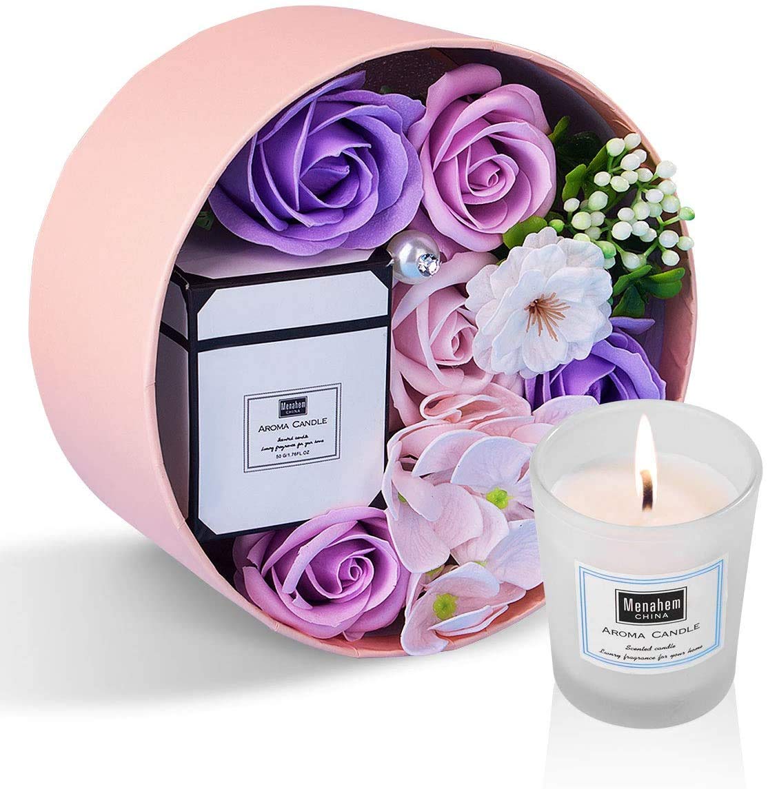 ANBET Women Soaps Flower Round Box with Scented Candle Personalised Gifts for Mum Roses Flowers Birthday Mothers Valentines Teachers Day Anniversary Christmas