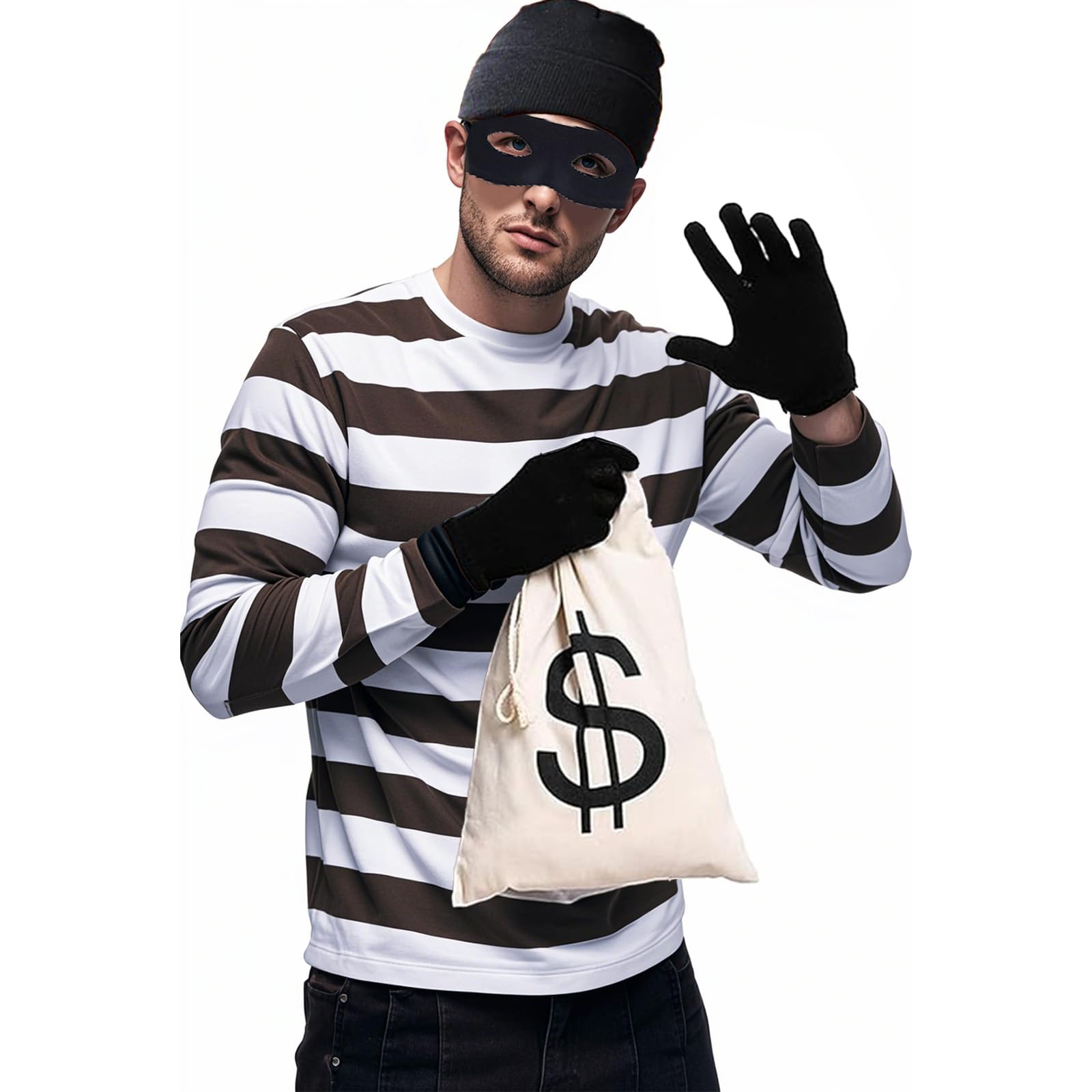 Lufdegim 4-Piece Bank Robber Costume, Thief Costume Set including Eye Mask, Gloves, Knitted Hat - Image 4