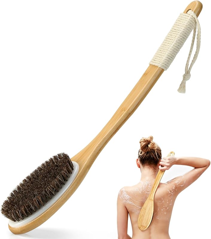 Escova para banho eaxun com cabo curvo de bambu, 42,5 cm