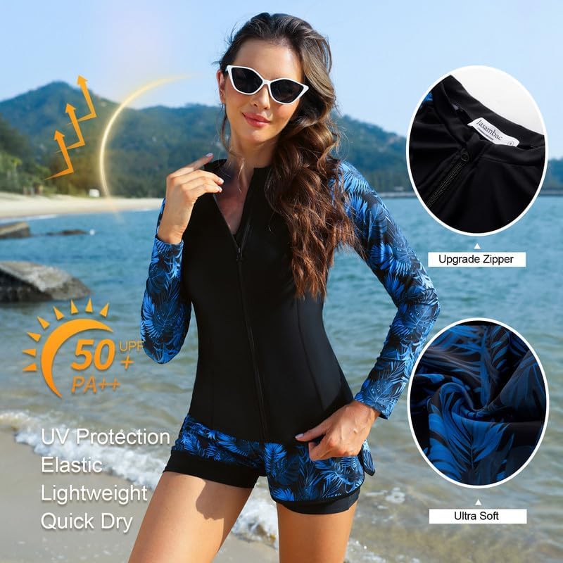 JASAMBAC Rash Guard Set da 3 pezzi, costume da bagno da donna, a maniche lunghe, bikini e a vita alta, con chiusura lampo, costume da surf, costume da bagno sportivo