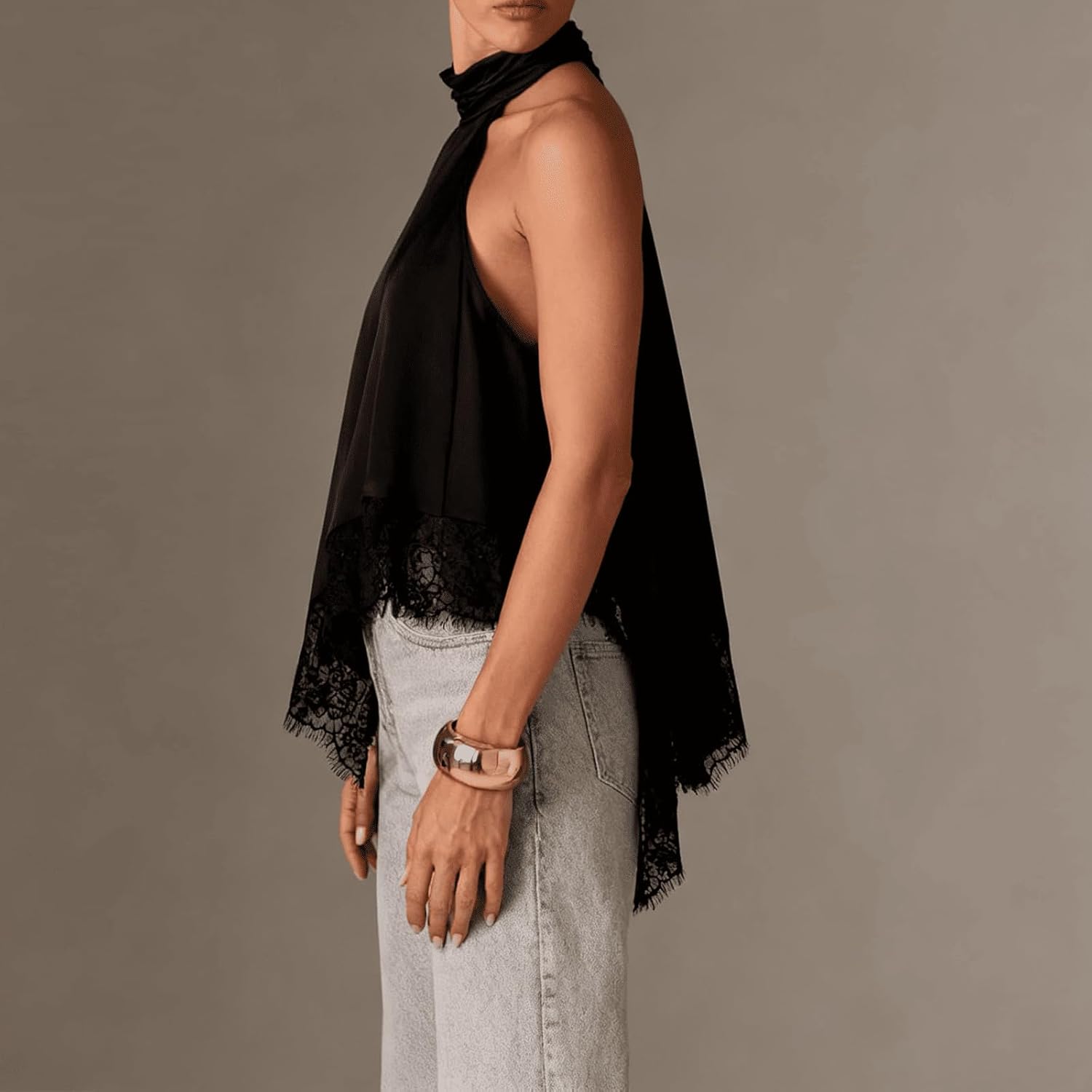 Women Y2k Mock Neck Halter Top Satin Lace Asymmetrical Hem Tank Tops Sleeveless Elegant Going Out Crop Top - Image 3