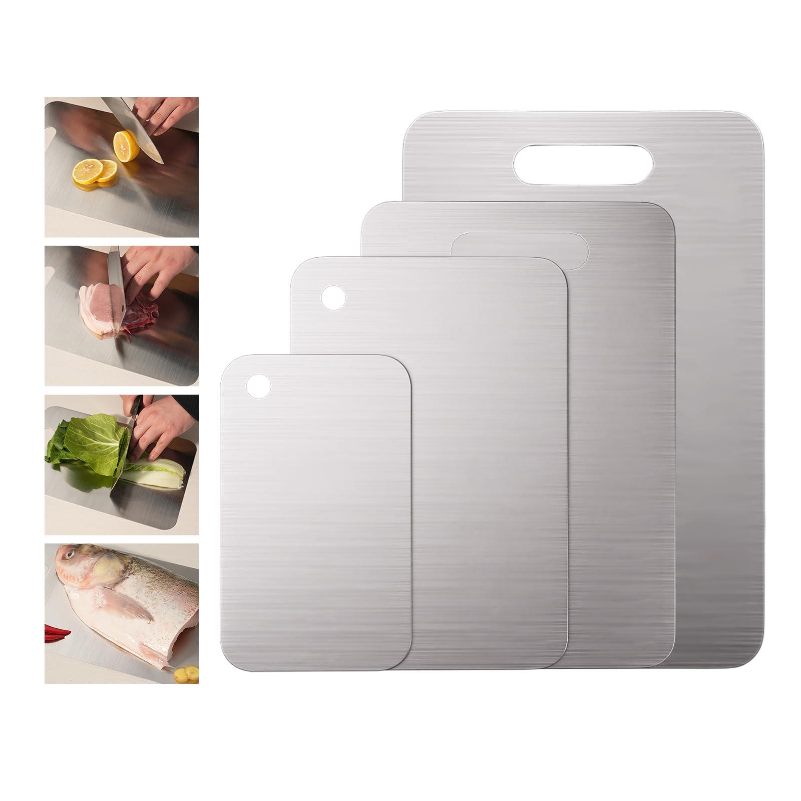 Stainless Steel Cutting Board, 4 PCS Cutting Boards for Kitchen, 304 Stainless Non Stick Chopping Cutting Board by YAAHEIJA for Meat Fruit & Vegetable (15.3 x 11, 13.4 x 9, 11.8 x 7.9, 9 x 5.4 in)