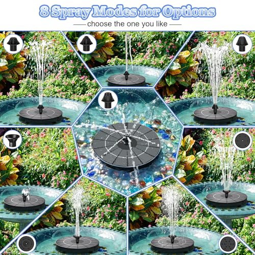Solar Springbrunnen, 2026 Neue 3.5W Solar Teichpumpe mit 2000mAh Batterie, 7 Effekte & 4 Fixe Rohre Solar Wasserpumpe, Solar Schwimmender Solarbrunnen für Garten, Vogel-Bad