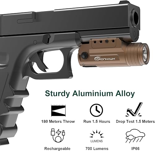 Miniatura 2 de Luz de pistola recargable, linterna táctica montada en riel compacto de 700 lúmenes, apta para Picatinny MIL-STD-1913